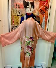 Antique DECO 1920’s Museum Quality Peach Silk Embroidered Floral Fringed Kimono picture