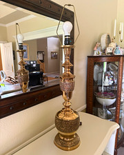 vintage mid-century modern brass table lamp in the style of James Mont, picture