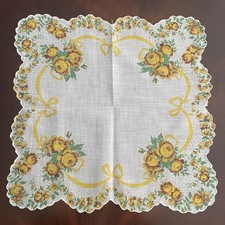 VTG Floral Hankie Roses Yellow & Brown Cotton Scalloped Edge 11