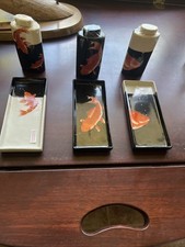 3 Vintage Fabienne Jouvin Orange Koi Fish Porcelain 4.25” Jars WITH LIDS & TRAYS picture