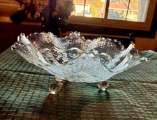 Fenton Clear Glass Footed Carnival Glass Bowl Dogwood & Marsh Lily Ruffled Edge picture