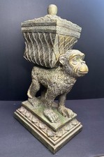 Vtg Monkey Holding Lid Basket Box Resin Bronze Tone Decorative Statue 13.5