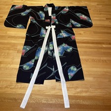 Japanese Kimono Yukata Cotton Handmade Excellent Condition Navy Flowers Leaves picture