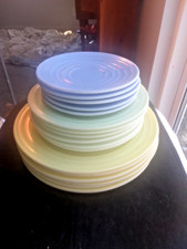 Nice 1950's Vintage 17pc Dish Set w/ Nice Pastel Colors and White Glass Bottoms picture