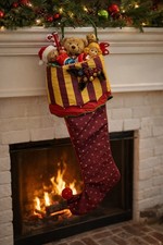 Mackenzie-Childs Jester Dot Stocking With Velvet Holly & Berry.  VERY Large 28