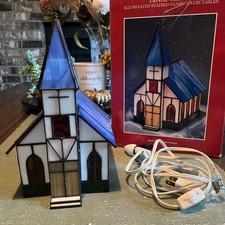 1994 Crystal Village Church Illuminated Stained Glass Collectibles Hand Crafted picture