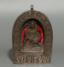 Tibet 1800s Antique Painted Stone Sakyamuni Buddha Statue Gau Box Niche Amulet picture