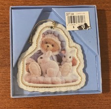 VTG Enesco Cherished Teddies Porcelain Hanging Ornament Blue Bear with Bunnies picture