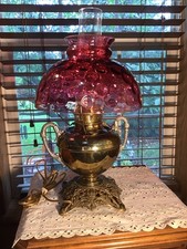 Nice Antique B & H Oil Converted To Electric Trophy Urn Lamp W/cranberry Shade picture