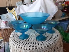 Vintage Fenton Celeste Blue Stretch Glass 4 Dessert Bowl SET GORGEOUS RARITY picture