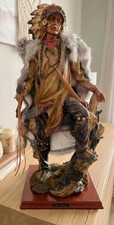 Vintage Native American Chief Figurine Warrior Statue Wood Base Headdress 22