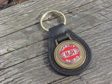 1952 MASSEY -HARRIS Leather Key Fob Antique Gold Medallion Unique Logo NOS picture