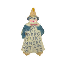Vintage Celluloid Teacher Figure Charm Alphabet Dress Pointed Hat 2 inch picture