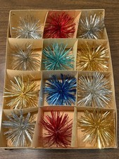 Vintage 12 West Germany Tinsel Aluminum Pom Pom Christmas Ornaments Original Box picture