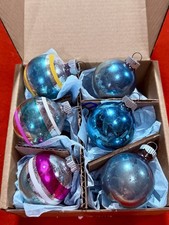 Lot Of 6 Vtg Shiny Brite Christmas Ornaments 3 Stripes 3 Blue 1 1/2” Mercury Gls picture