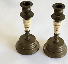 Pair VTG MCM European Italian Faux Stone Brass Goth Old World candle sticks 8”  picture