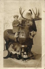 Christmas Santa Claus & Boy & Reindeer & Toys RPPC Photo Postcard COPY picture