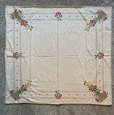 Vintage Embroidered Tablecloth 46” X 43” Pineapple Cherries Fruit Retro 1950s picture