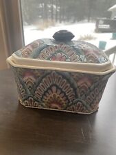 Mid Century H.F.P. Macau Hand Painted Ceramic Peacock Pattern Dynasty Box w/ Lid picture