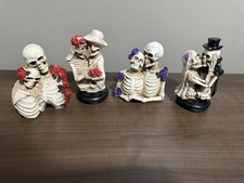Halloween 2-Piece Skull Skeleton Couple Figurines with Roses Decorative Set of 4 picture