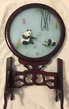 Embroidered Framed Panda Bamboo Glass Wood Decor China Design Colorful picture