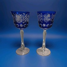 2 Bohemian Crystal Cobalt Blue Cut To Clear Glass Wine Goblets  picture