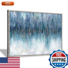Blue Abstract Modern Gold Framed Canvas Wall Art 45x30 Inches picture