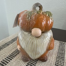 NWT Transpac Ceramic Harvest Gnome pumpkin Jar 7” Fall Decor Rare picture