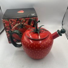VTG COPCO Enamelware Strawberry Whistling Tea Kettle Red 2.5 Quart Cottagecore picture