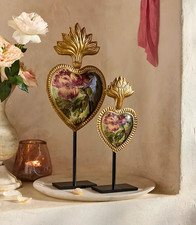 PAIR Enameled Floral Heart Medallion Stand Flaming Heart Metal Anthropologie NEW picture