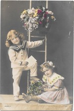 French RPPC Children Flower Basket Real Photo Postcard c1910 picture
