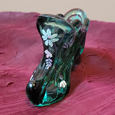 Vintage Fenton Hand Painted Signed Green Glass Shoe with Floral picture