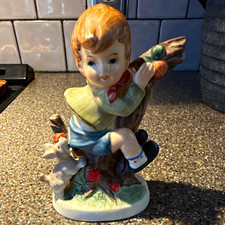 VINTAGE BRINN'S FIGURINE BOY On Tree Stump Dog Barking picture