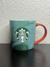 Starbucks Coffee Mug Holiday 2022 11oz Marbled Green With Red Handle And Siren picture