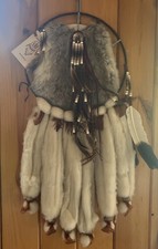 VTG Huge 30”x14 Native American Dream Catcher Mandala Art Fur Wool Feathers Wood picture