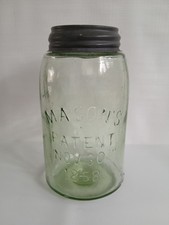 Antique Olive Green Glass Quart Mason Jar With Zinc Lid & Bubbles Beautiful Cond picture