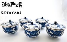 Set of 5 Japanese Ceramic YUNOMI SENCHA Tea Cup w/Lid Blue & White Seto Ware picture