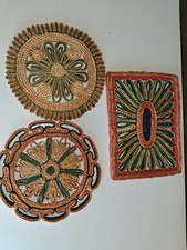 Lot of 3 Vintage Wicker Straw Hot Pad Trivet Woven Rattan Raffia Wall Decor picture