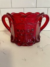 Vintage MOSSER Red Cherry Thumbprint Glass Biscuit Candy Cookie Trinket Jar picture