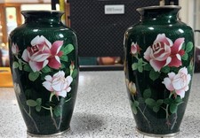 Authentic Pair of Japanese SIGNED Sato Ginbari Cloisonné Rose Vases  picture