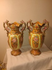 Fabulous Antique Bohemian Majolica Ceramic Vase Pr 2 Handles Floral Relief 14
