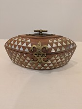 Vintage Syrian Middle Eastern Marquetry Wood Box Mother of Pearl Inlay Brass picture