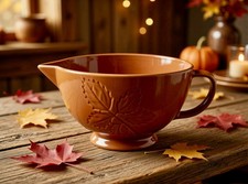 Vintage Mixing Bowl Lillian Vernon Batter Spout Handle Brown Leaves Pattern picture