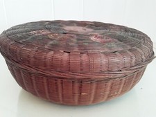 Vtg Hand Painted Round Brown Wicker Sewing Basket Lid w Faded Roses Cottagecore picture