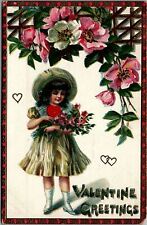 1913 VALENTINE GREETING GIRL HEART FLOWERS RAPHAEL TUCK EMBOSSED POSTCARD 26-275 picture