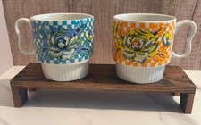 Vtg 1970s Stacking Ceramic Coffee Mugs Pair Teal Orange Checkered Floral Japan picture
