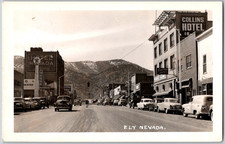 Vintage RPPC Real Photo Postcard ELY, NV Nevada Street Collins Hotel Texaco picture