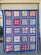 1950s Handmade Quilt Signed Diamonds in Square Pink Blue Multi 68x80 READ picture