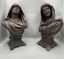 Antique Art Nouveau Spelters Bust Pair Medieval Signed René Charles Massé Figuri picture