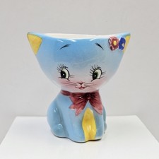 Rare Norcrest Blue Anthropomorphic Kitty Cat Egg Cup Bow Flowers picture